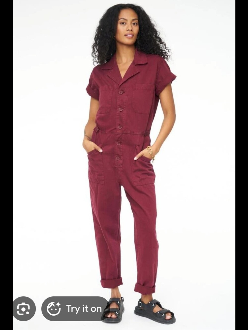 pistola Button-Front Burgundy Short-Sleeve Jumpsuit